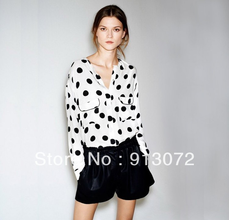 2013 New fashion womens' elegant Polka dot print Chiffon Blouse loose style beige black dot shirts OL casual shirt long sleeve