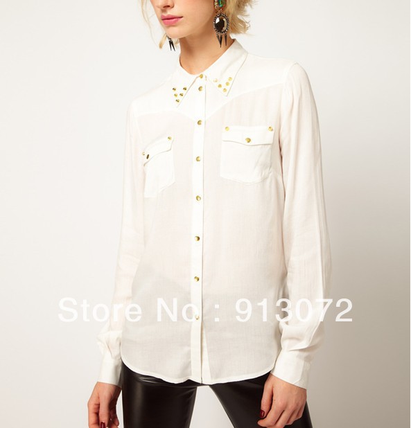 2013 New fashion womens' elegant Sequined metal collar Blouse gold buttons white shirts formal OL casual shirt long sleeve