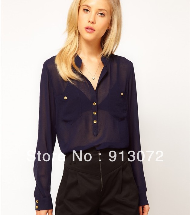 2013 new fashion womens' golden button sexy chiffon blouse transparent see through with pockets elegant casual t shirt tops