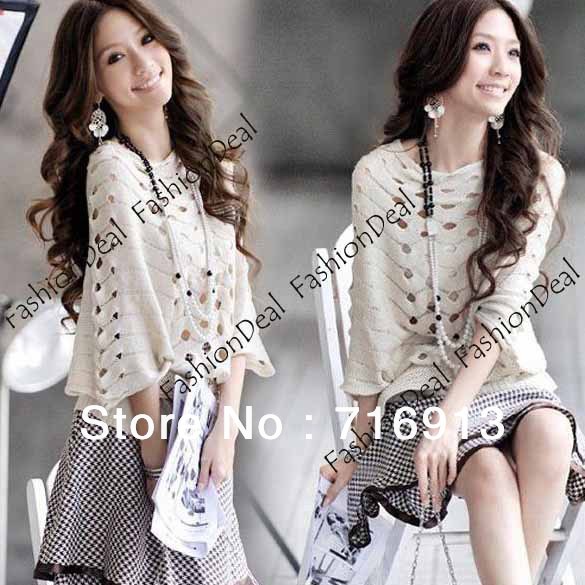 2013 New Fashion Womens Hollow Dolman Knit Knitting Coat Out Boat Neck Tops Batwing Sweater White Gray Free Shipping 3223