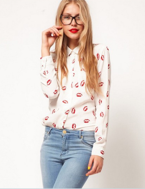 2013 New fashion womens Hot Red lip print chiffon blouse quality elegant casual t shirt slim brand design  FREE SHIPPING W079