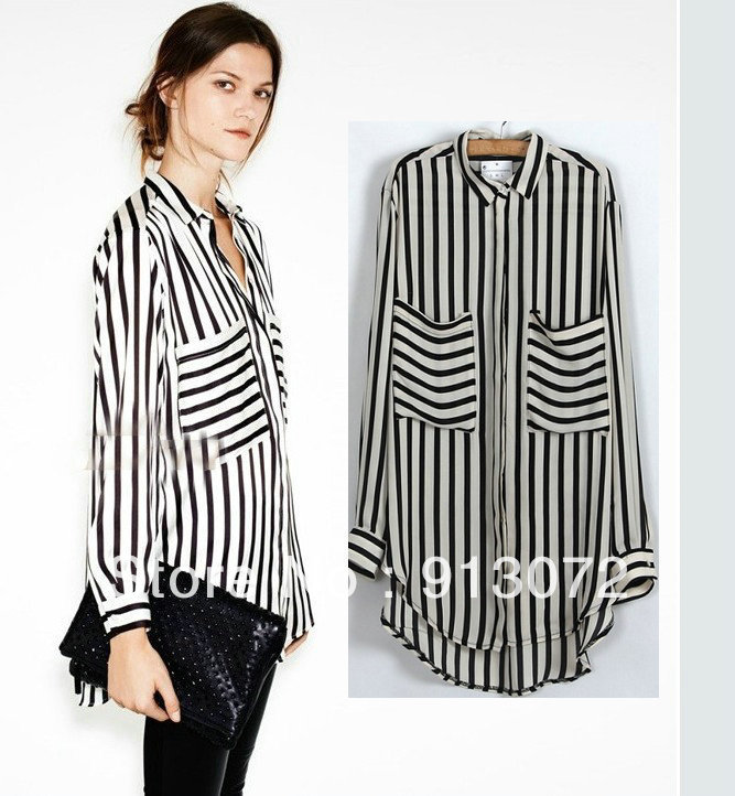 2013 New fashion womens' OL classic beige black Striped blouse elegant quality casual loose shirt big pockets tops brand blouse