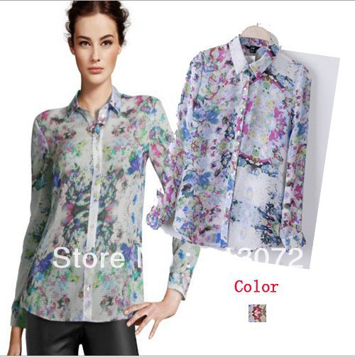 2013 new fashion womens' OL elegant Floal print chiffon blouse quality casual shirt slim long sleeve brand design