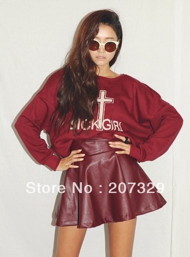 2013 new fashion womens' PU Leather Sexy short Mini Pleated Skirt elegant classic casual gril's hot red/black color slim