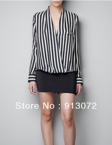 2013 New fashion womens' Sexy Hot classic beige black Striped Blouse Deep V neck elegant quality casual slim shirt designer tops