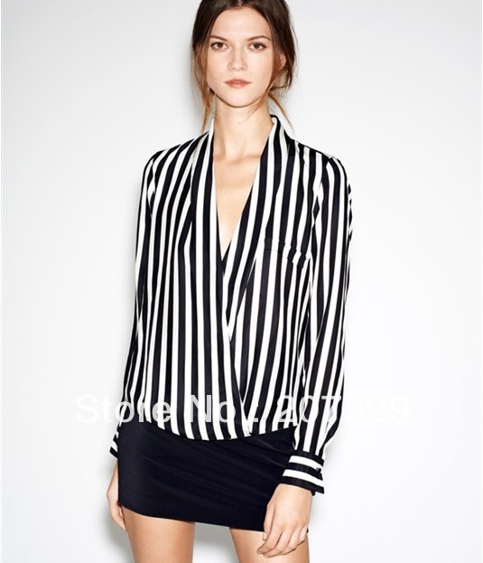 2013 New fashion womens' Sexy Hot classic black white Striped Blouse Deep V neck elegant quality casual slim shirt designer tops