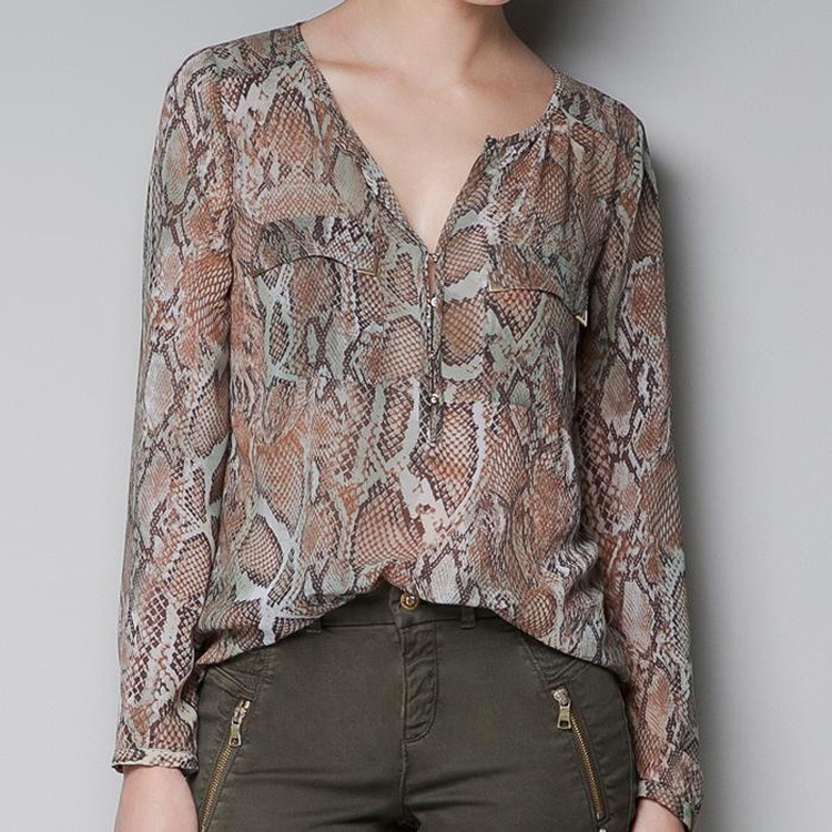 2013 New fashion womens' Sexy Snake print blouse elegant quality casual shirt with pocket designer tops brand long sleeve S5019