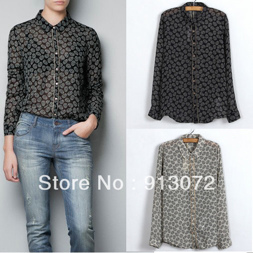 2013 New fashion womens' Skull Print chiffon blouse elegant casual designer shirts long sleeve hot sexy cool fashion tops