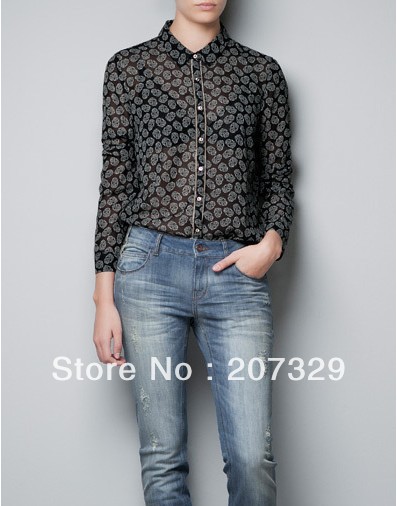 2013 New fashion womens' Skull Print chiffon blouse elegant casual designer shirts long sleeve hot sexy cool fashion tops