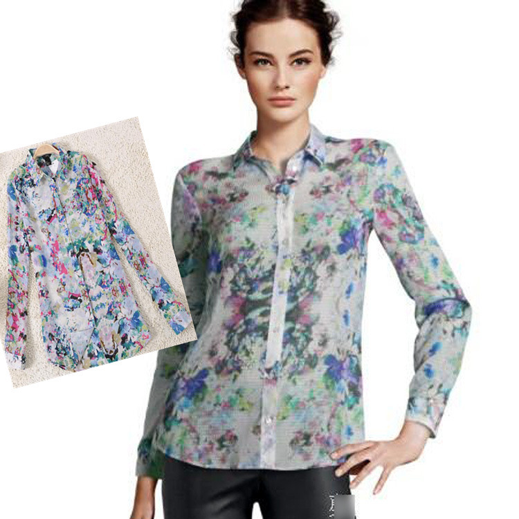 2013 new fashion womens' vintage elegant flower print chiffon blouse slim long sleeve shirt brand designer tops quality S0809