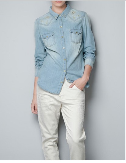 2013 new fashion womens' Wash Denim Stud Revit Blue Blouses metal studed elegant casual shirt slim brand designer tops