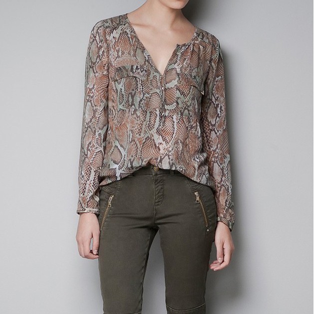 2013 New fashion womens'  Wild Sexy Snake print blouse elegant quality casual Hot shirt with pocket designer tops brand