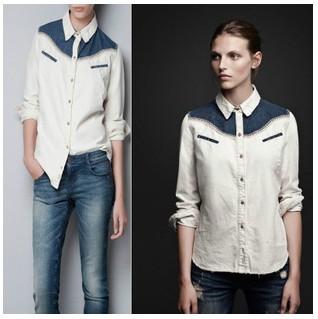 2013 new Fashion  za female women long-sleeve denim patchwork  white shirt CONTRAST COLOR Free shipping