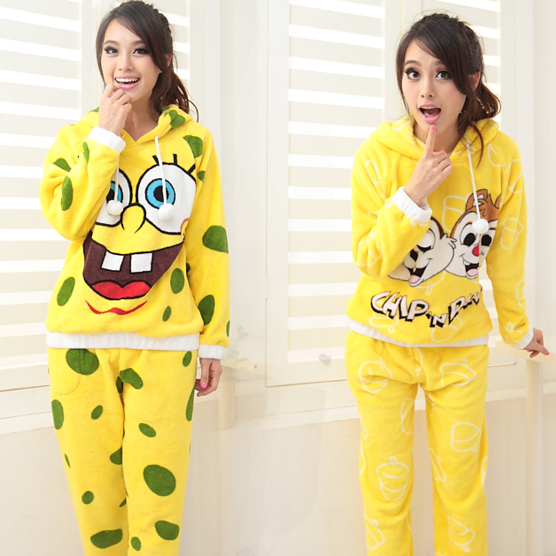 2013 new Free shipping winter coral velvet cartoon SpongeBob long-sleeved two sets of pajamas