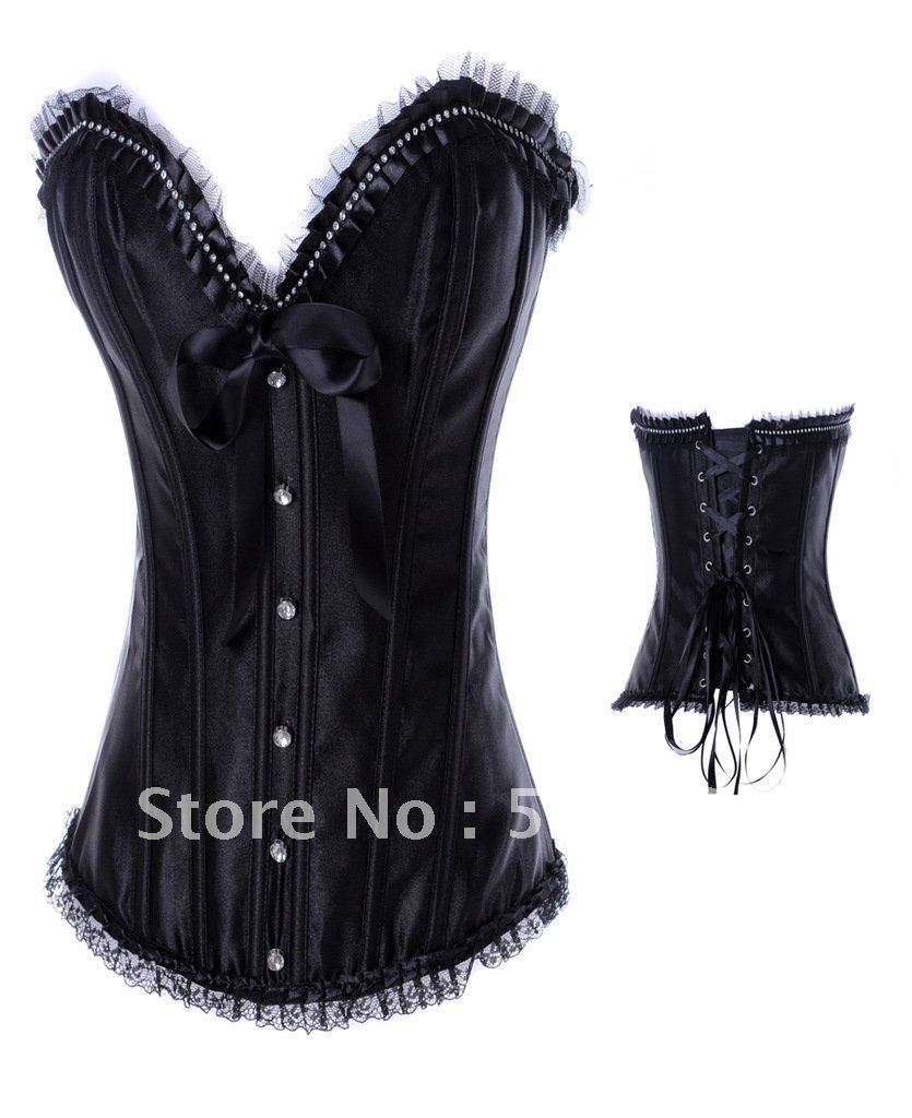 2013 New Gothic Corset + G-string , Strapless White / Black Bustier, Bow Sexy Lingerie, Body Lift Shaper Free Shipping A8926