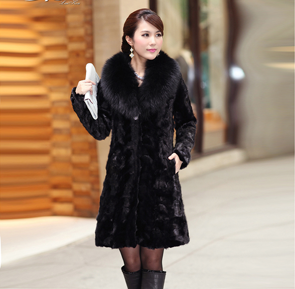 2013 New High Grade Ladies' mink fur coat ,Elegant Marten overcoat Fox fur collar slim Fur coat ,Free shipping FH021