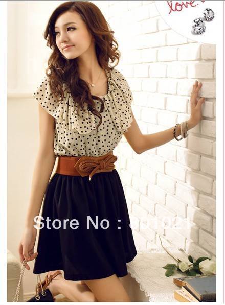 2013 New Hot Japan/Korean Ladies fashion sweet dotted chiffon top cotton skirt Women casual charming dress (without belt)