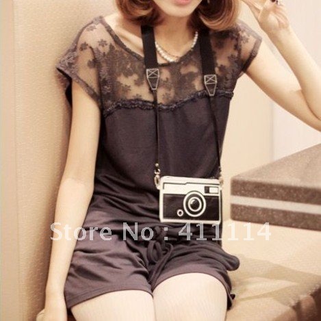 2013 new hot summer Fashion Cozy women clothes Piece shorts Lace stitching skinny waist jumpsuit Rompers Pants T-shirt