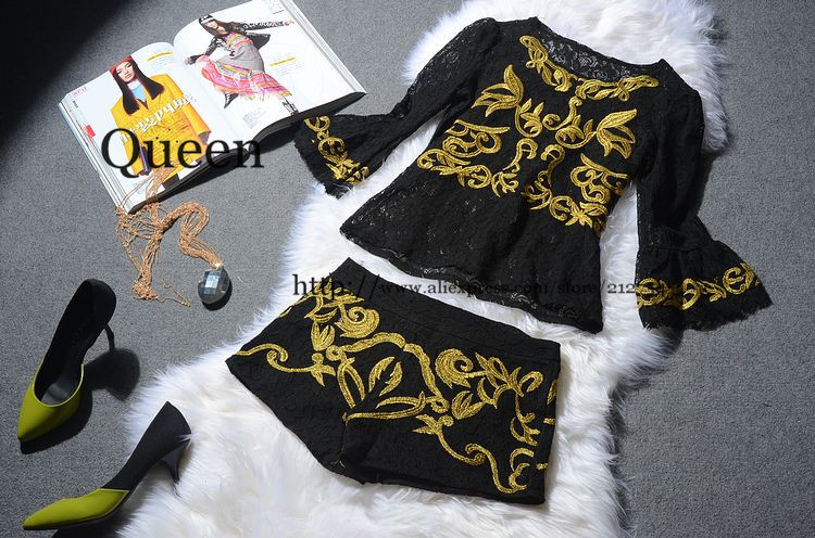 2013 new  in Europe Golden Flower horn sleeve lace embroidered, elegant and fashionable shorts suit