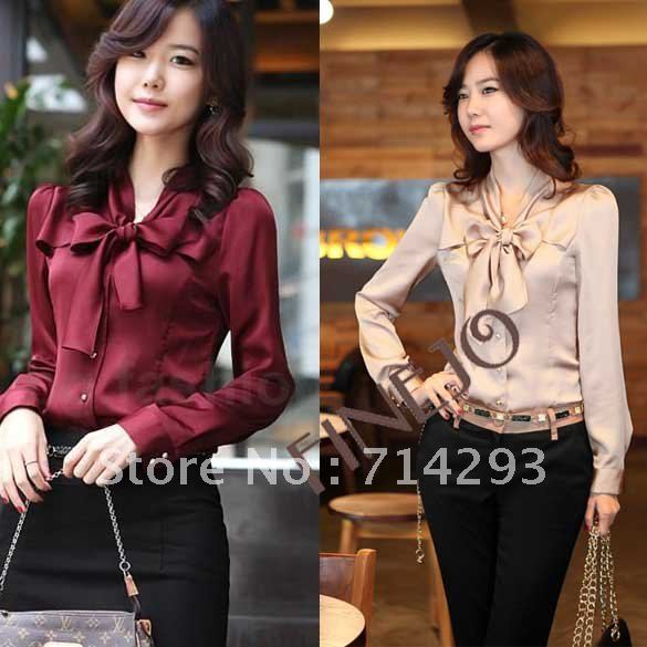 2013 NEW Korea Women's  Ladies bowtie OL shirt Long Sleeve Vintage ShirtsTops blouse 3 Colours New free shipping 3847