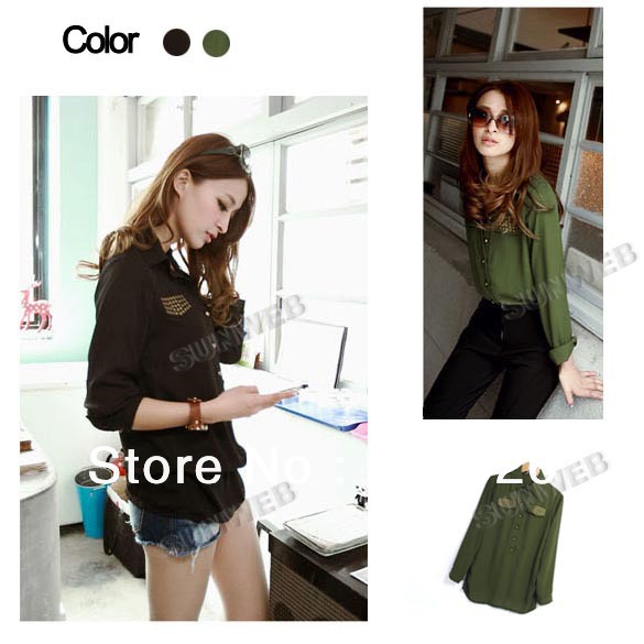 2013 New Korea Women's Rivet Long Sleeve Chiffon Blouse Top Black Army Green free shipping 9359