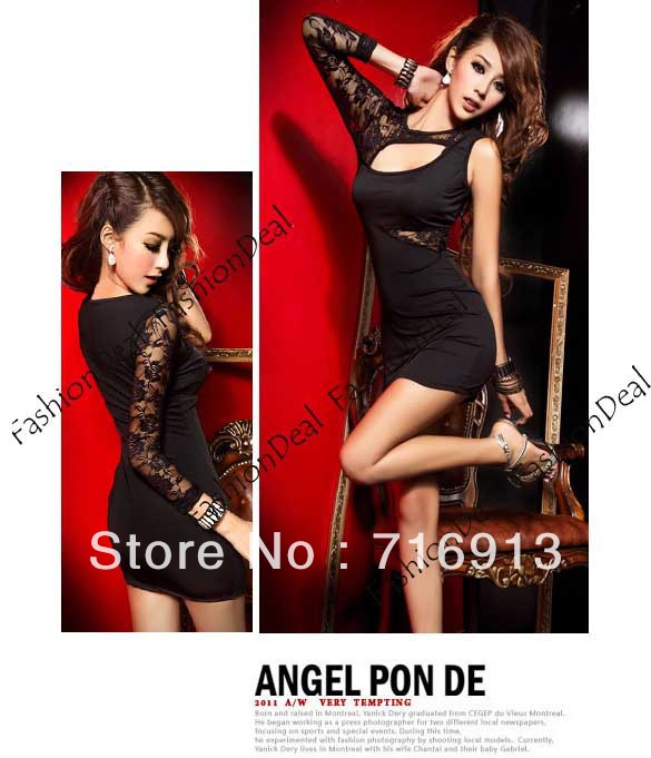 2013 New Korea Women's Sexy Irregular Sleeve Single Sleeve Hollow Out Mini Dress Party Lace Dress Free Shipping 10395