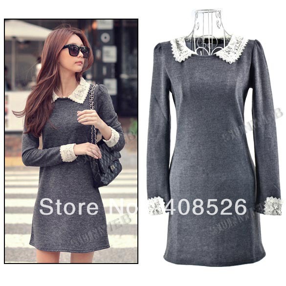 2013 New Korea Women Sweet Lace Collar Knit Skirt Long Sleeve Bottoming Mini Knitted Dress Grey S,M,L Free shipping 9415