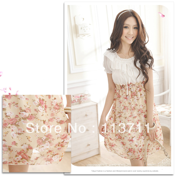 2013 New Korean Fashion Beautiful Women's Stylish Tunic Short Sleeve Floral Chiffon Mini Dress Free Shipping