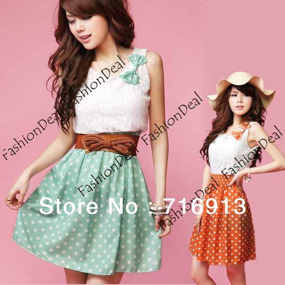 2013 New Korean Fashion Style Polka Dot Sweet Lovely Mini Dress Orange/Green Lace Dress Top Free Shipping 3607