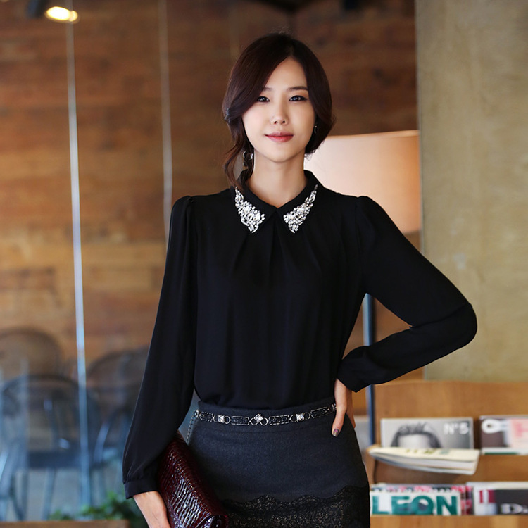 2013 New Korean Styles Clothes Women Collar Spring Blouse Chiffon Shirt Free Shipping Tight Noble Long Sleeve 2 Color new style