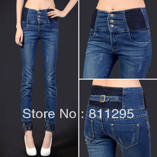 2013 New lace roll up hem buttons high waist denim jeans female pencil pants Free shipping