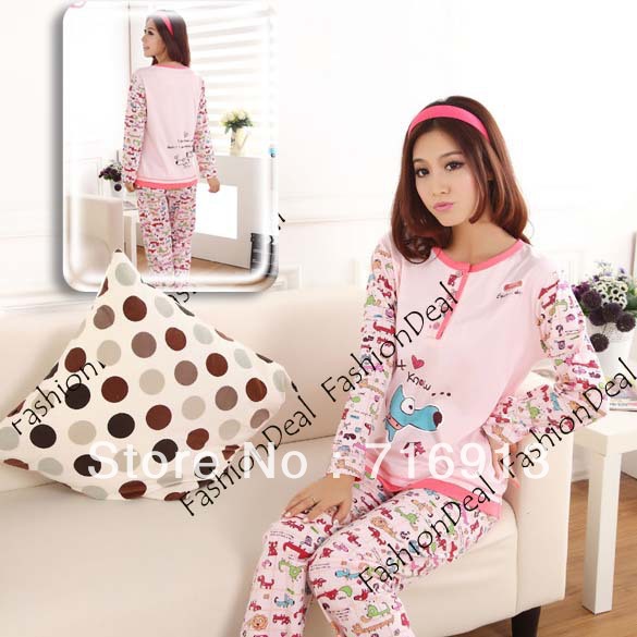 2013 New Ladies Women's Cute Cartoon Dog Long Sleeve Cotton Pajamas Sleepwear Home Wear Free Shipping 11176