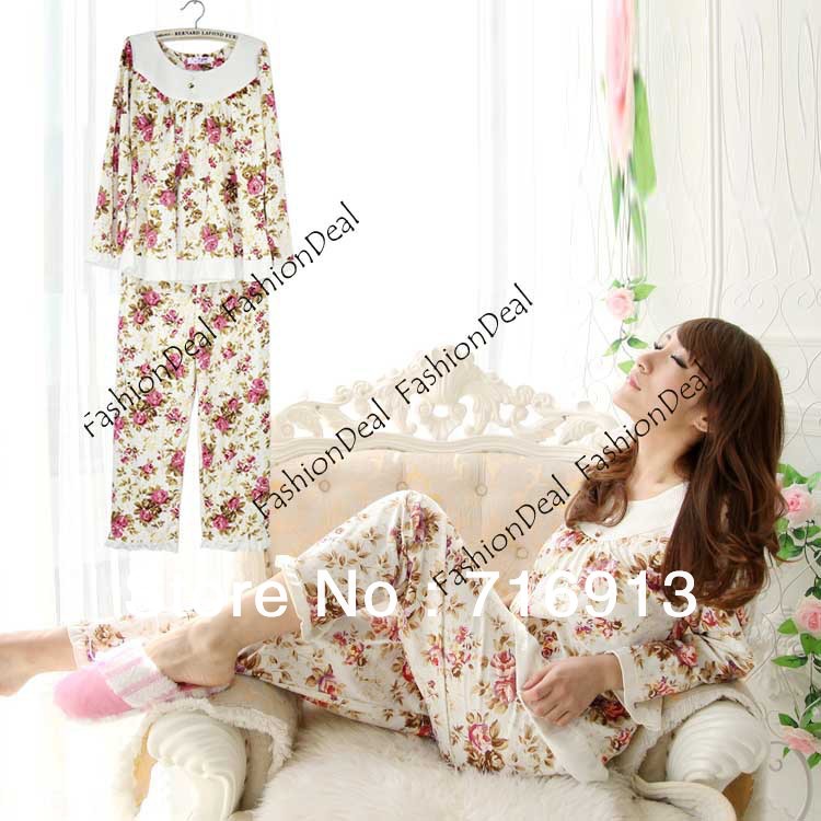 2013 New Ladies Womens Cute Roses Cotton Long Sleeve Print Pajamas Sleepwear Home Wear Free Shipping 11171