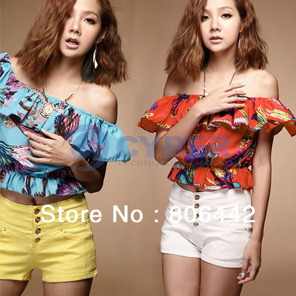 2013 New Lady Sexy Colorful Cotton Off-Shoulder Shirt Women Blouses Tops 2Colors Free Shopping 11145