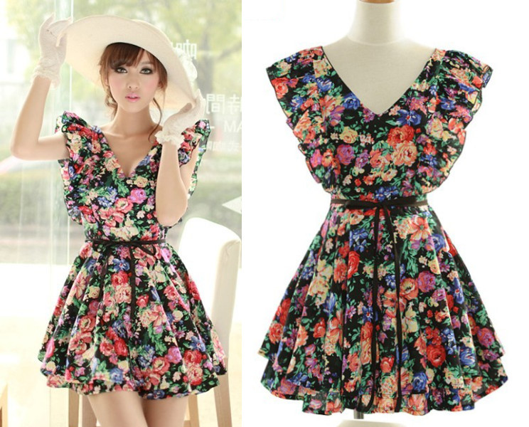 2013 New Lady Vintage Waist Ruffled Prints Mini Dress Floral Tunic Sleeveless V-Neck one-piece dress Black/Bule Free shipping