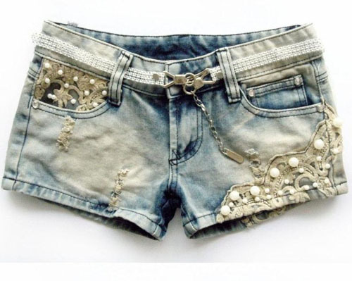 2013 New Low Waist Lace Beading Hole Denim Shorts Hot Short Pants Free Shipping SL13020202