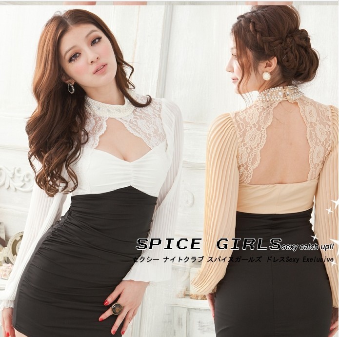 2013 new nightclubs beautiful fitted long-sleeved lace mini dress package hip Slim dress