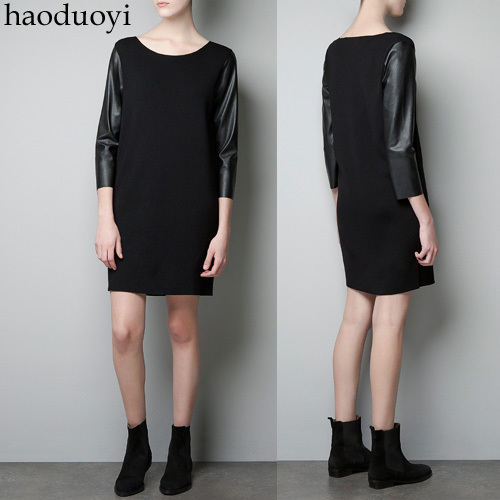 2013 New Patchwork knitted PU three quarter sleeve autumn and winter one-piece dress faux leather one-piece dress 6 full