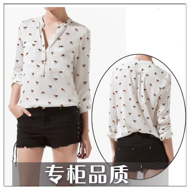 2013 New Print Puppy Dog Pattern Design Chiffon Shirt For Women Sexy Fashion Full Sleeve Blouse Free Shipping