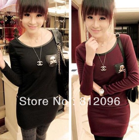 2013 new Promotions hot trendy cozy fashion women clothes casual sexy dress Plus thick velvet skull faux leather pocket  dress