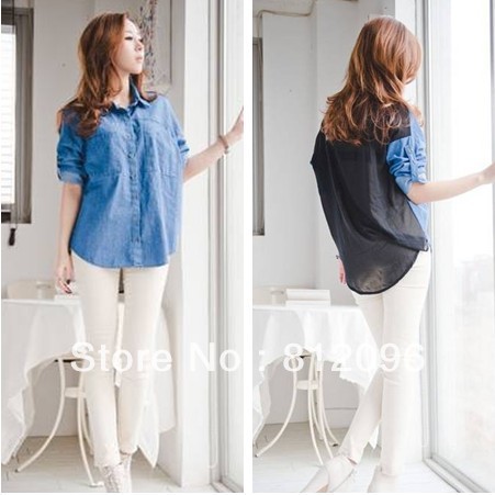 2013 new Promotions hot trendy cozy women blouse shirts jacket T-shirt Fashion  fashion sexy denim stitching Chiffon