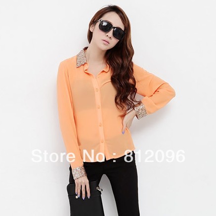 2013 new Promotions hot trendy cozy women blouse shirts jacket T-shirt Fashion Lapel sequined long-sleeved chiffon