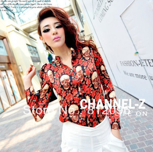 2013 new Promotions hot trendy cozy women blouse shirts jacket T-shirt Fashion retro cool PUNK charming Rose skull print