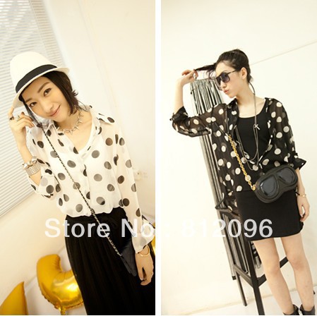 2013 new Promotions hot trendy cozy women blouse shirts jacket T-shirt Fashion street fresh hit color Polka Dot Chiffon