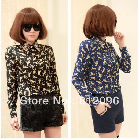 2013 new Promotions hot trendy cozy women blouse shirts jacket T-shirt Fashion wild diamond-studded collar pattern chiffon