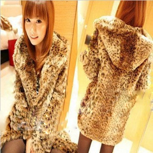 2013 new savager thickening slim long design leopard print hooded fur coat outerwear