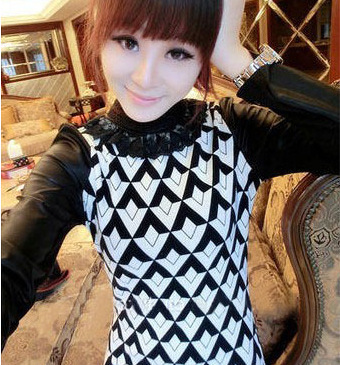 2013 new sexy stitching leather-sleeve lace stand collar Pope Dot Dress