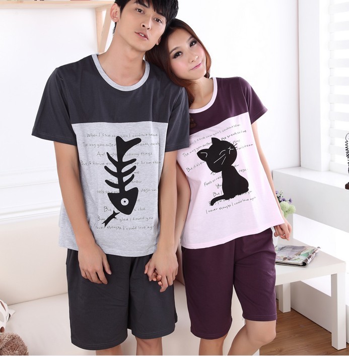 2013 NEW short sleeve cartoon women and men fall upset leisure wear two suits Free shipping  cats and fishes  pajamas