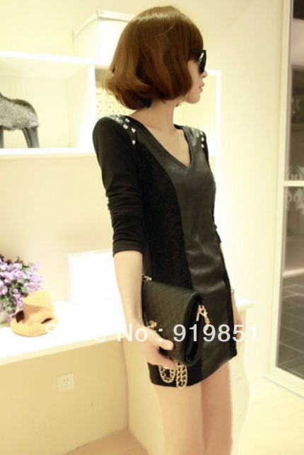 2013 New Slim sexy patent leather slimming bottoming shirt long-sleeved V-neck dress