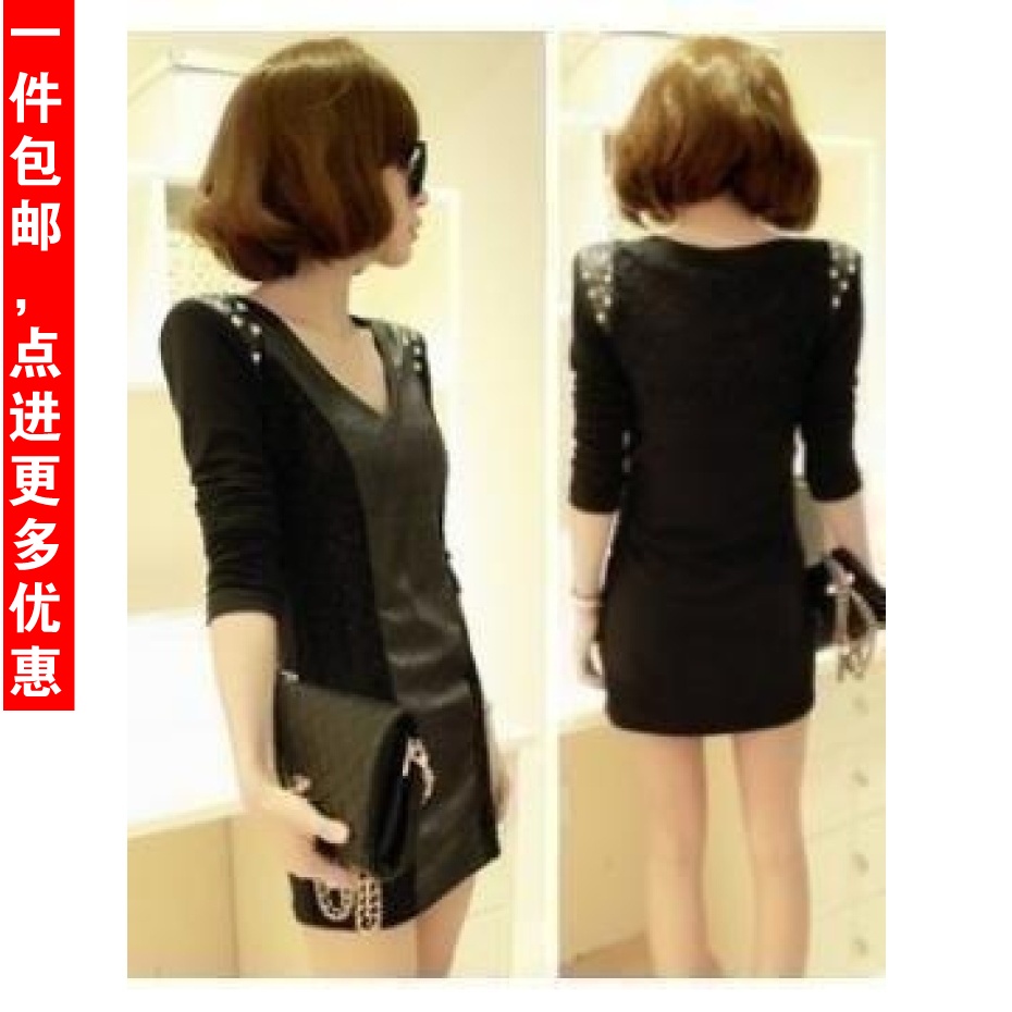 2013 NEW Slim sexy slim hip leather skirt lace basic skirt long-sleeve dress 2012 women's FREE SHIPPING